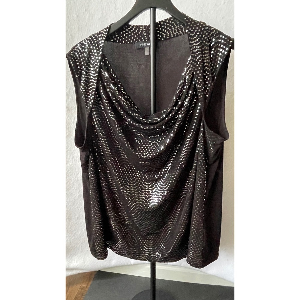 Nine West Womens 2X Black Silver Foil Scallop Cowl Neck Sleeveless Blouse Top‎